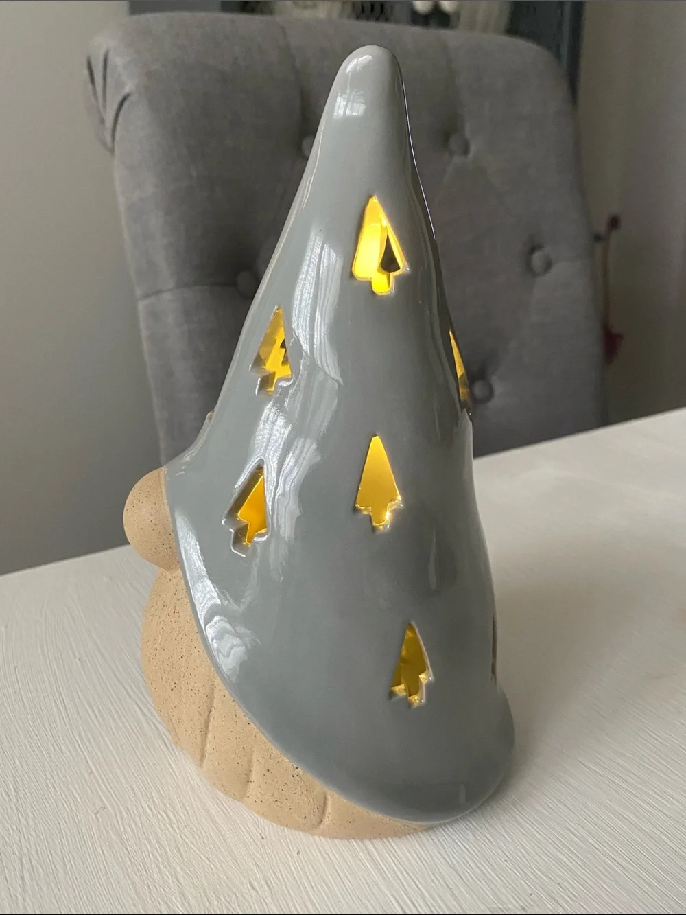 Ceramic Gnome Figurine Lantern - Gray Hat, Sand Beard - Christmas Light